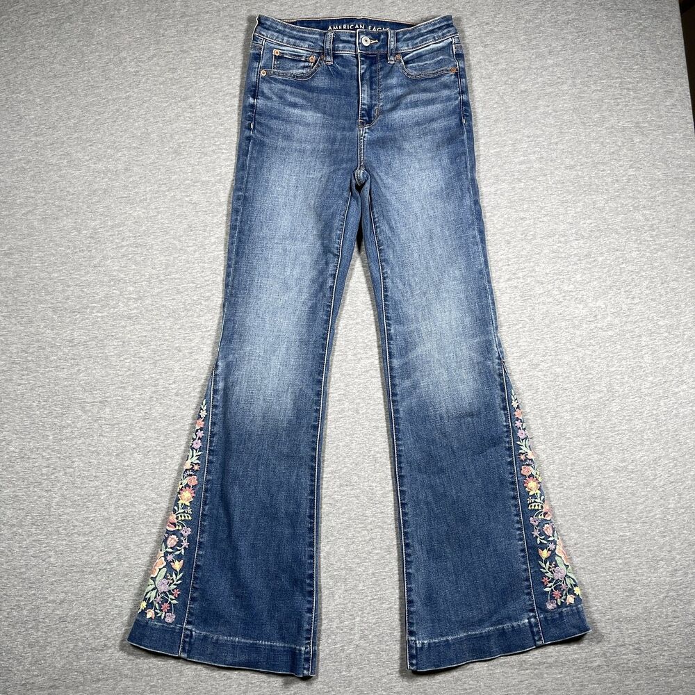 American Eagle Jeans Womens 2 Blue Flared Super High Rise Floral Embroidered